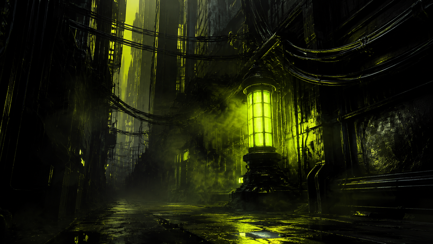 An acid-green signal beacon illuminating a rain-soaked futuristic alley