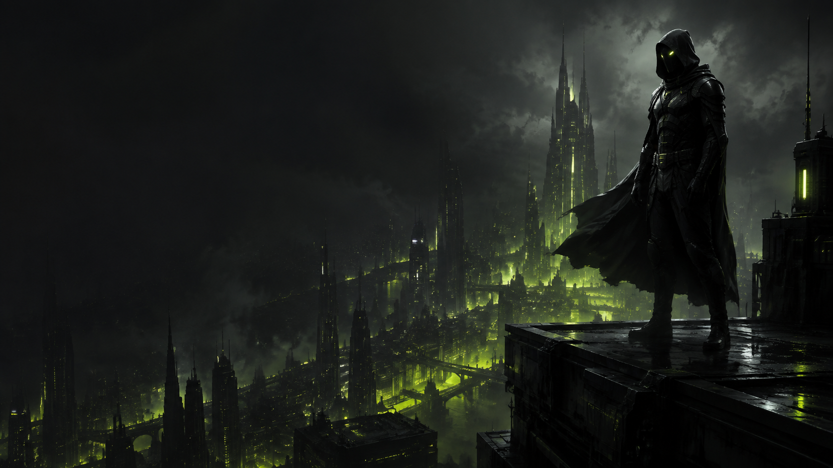 A hooded spy watching a neon futuristic city from a rooftop