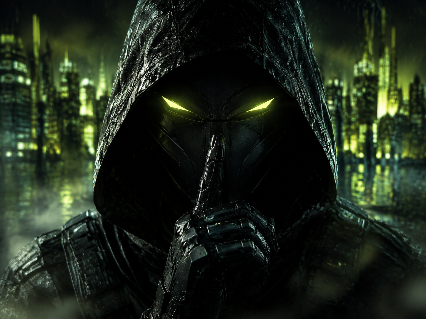 The anonymous hooded SPY making a silence gesture in the rain