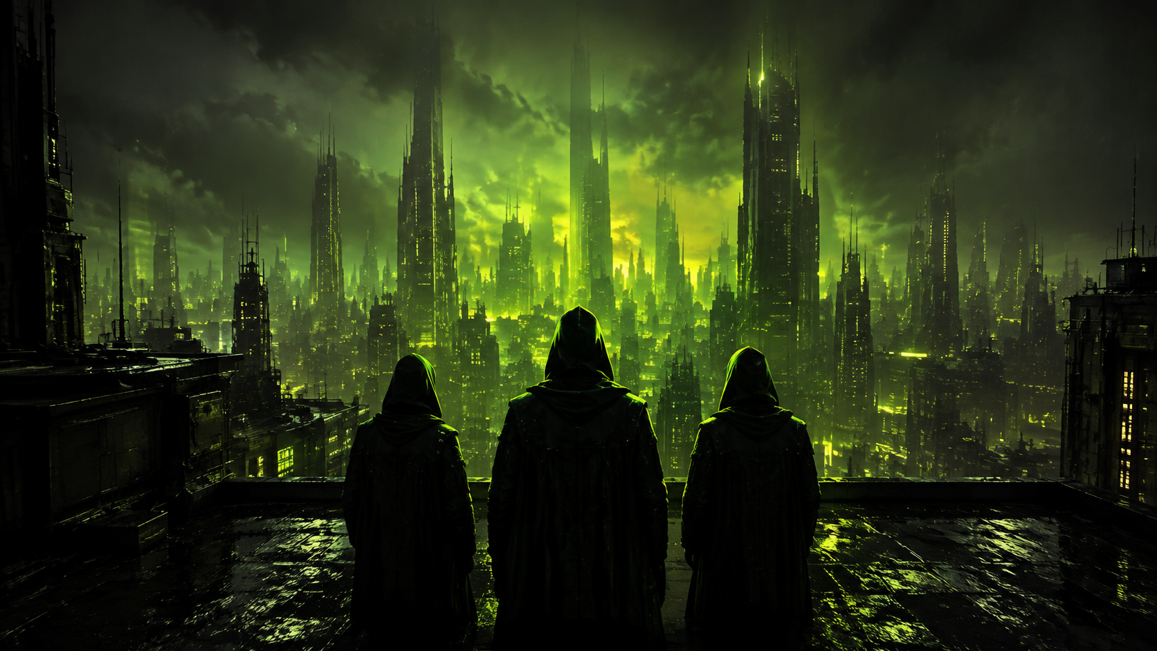 Three hooded observers overlooking the neon city together