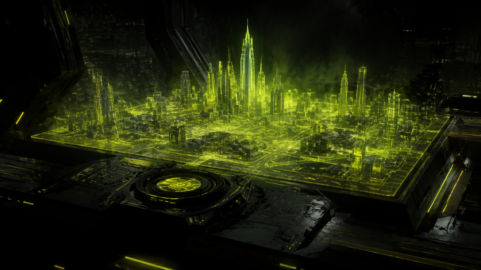 A green city surveillance map inside a dark command room