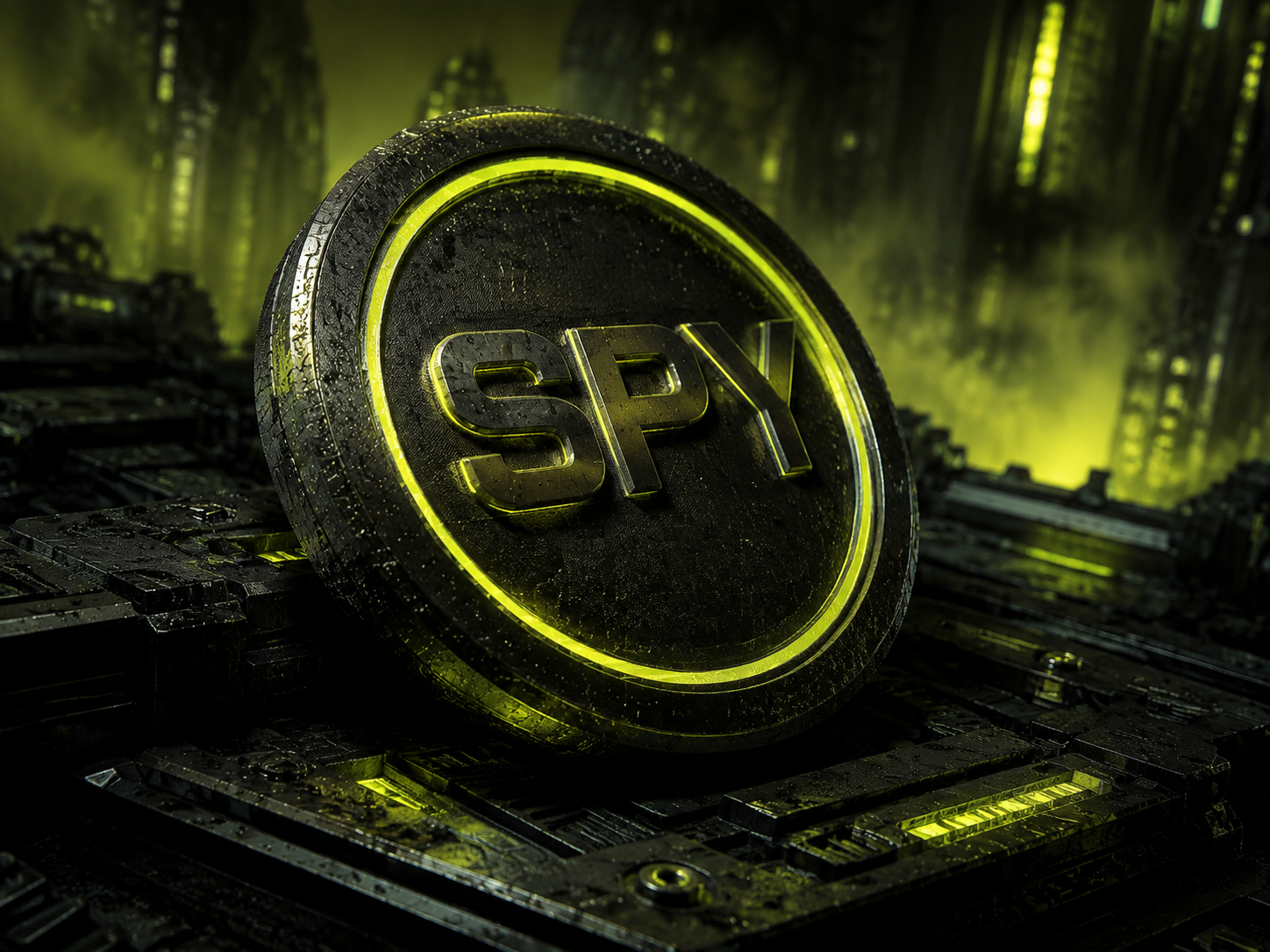 A black SPY token with a luminous lime rim on futuristic hardware